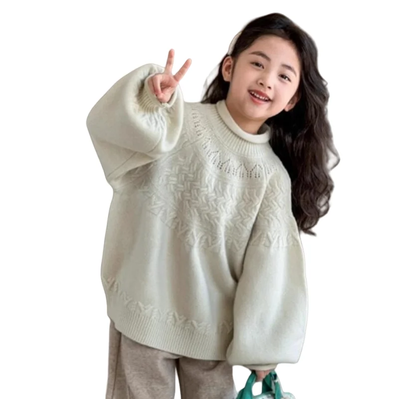 Girls Sweater Wool Coat Kids Tops Knitting 2024 Beige Thicken Warm Winter Autumn School Pullover Christmas Gift Children\'s Cloth