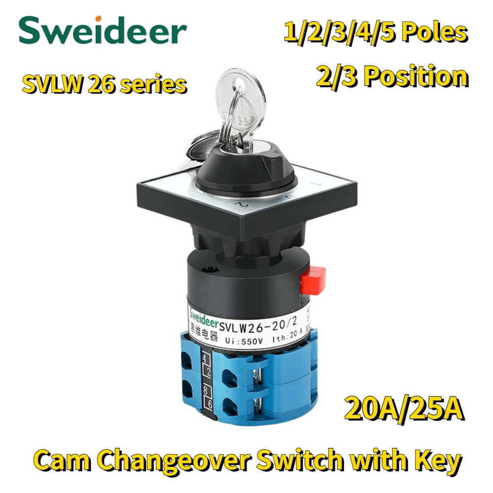 Electric 2/3 Position Rotary Cam Changeover Switch with Key LW26-20 LW26-25 Silver Contact 20A 25A 1/2/3/4/5poles Cam Switch