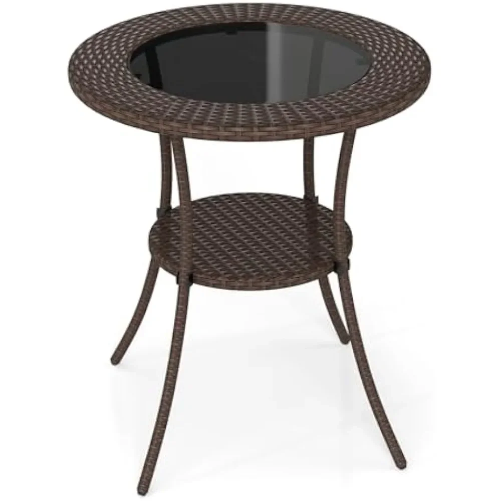

25.5" Wicker Patio Dining Table, Outdoor Round Bistro Side Table with Tempered Glass Top and Storage Shelf,