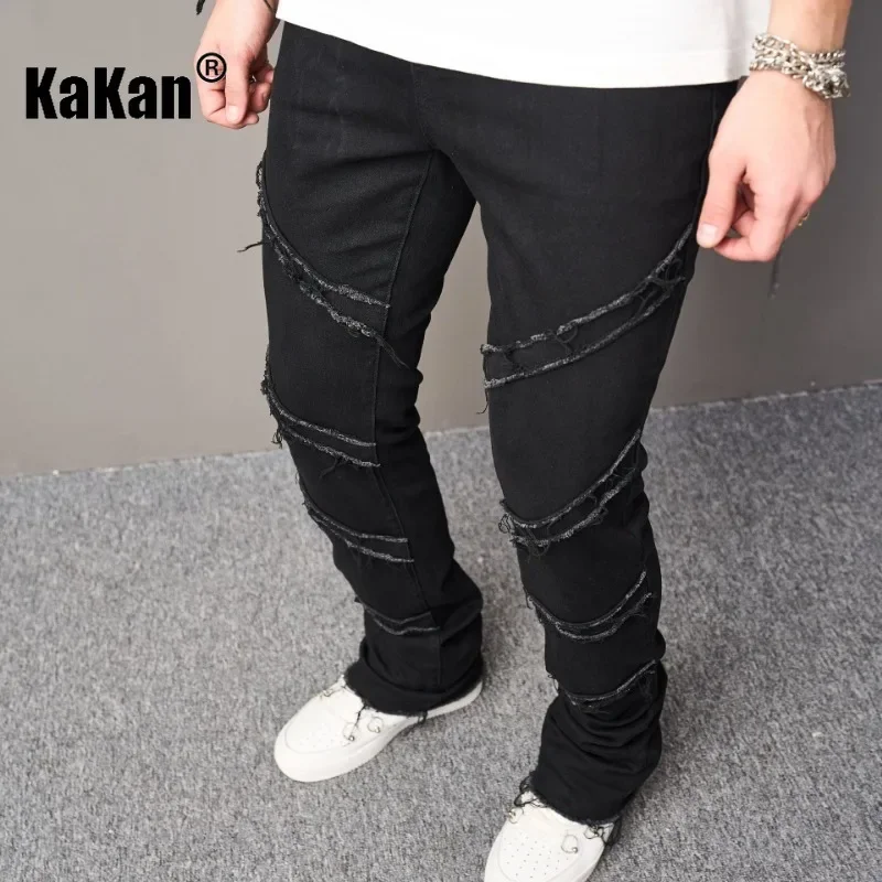 Kakan - European and American New High Street Micro Raglan Pants Cat Beard Jeans for Men, Trendy Black Long Jeans K78-905