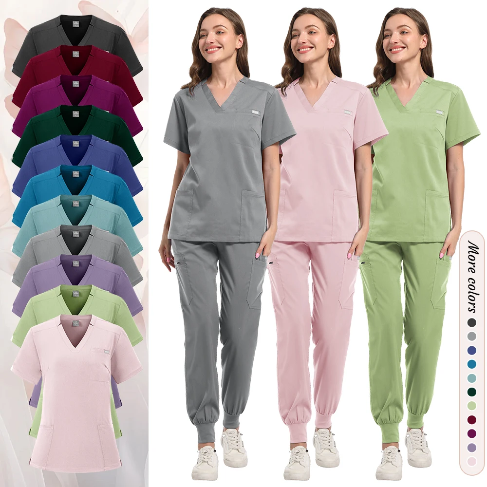 

High Quality Fabric Nursing Scrubs Uniform Suit Short Sleeve V-neck Tops+Pants Sets Women Multicolor Pet Medical Workwear Nurse