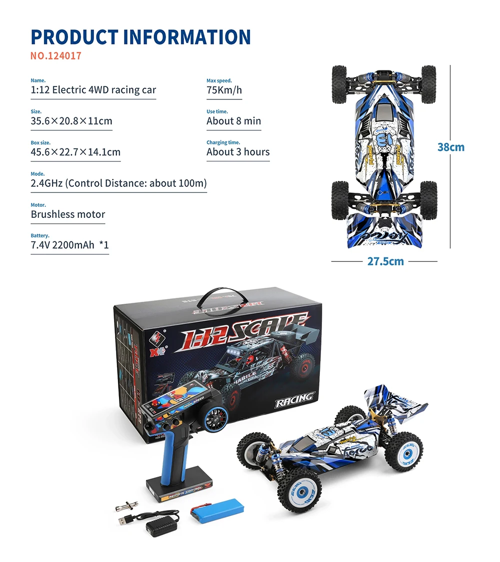 WLtoys New 124017-V8 RC Racing Car 1/12 2.4G 4WD 75km/h High Speed Brushless Motor Metal Chassis RTR Fast Remote Control Truck