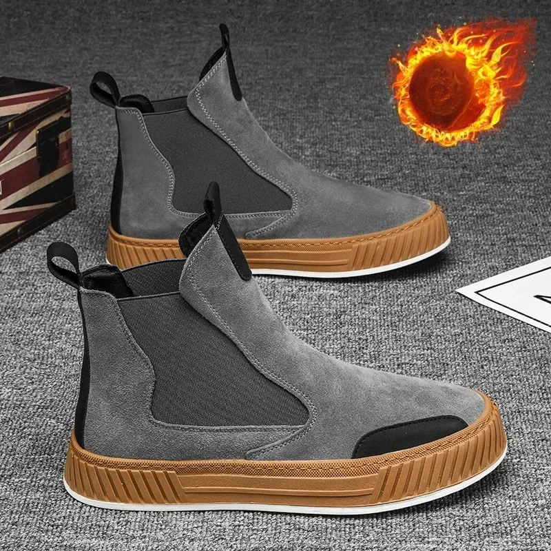 

Autumn Winter Warm Plush Casual High top Men Shoes Designer Chelsea Suede Shoes Men Fashion Punk Style Platform Male Boots Snow