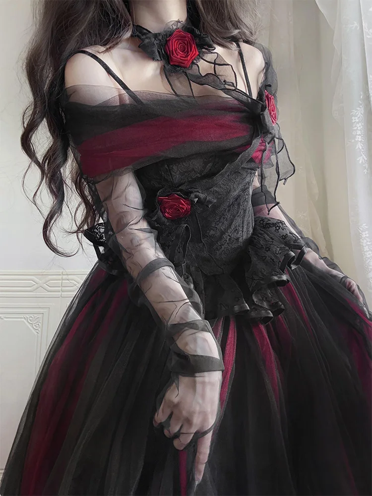 strapless open back dress EGL Black Purple & White Pink Bow Lace Gothic Princess Dress White / S