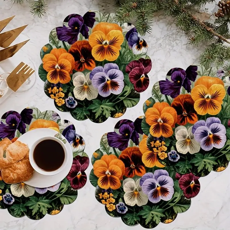 VIKAMA Wildflower Pansy Placemat Purple Orange Violet Blossom Green Foliage Scalloped Edge Botanical Dining Table Mat Garden