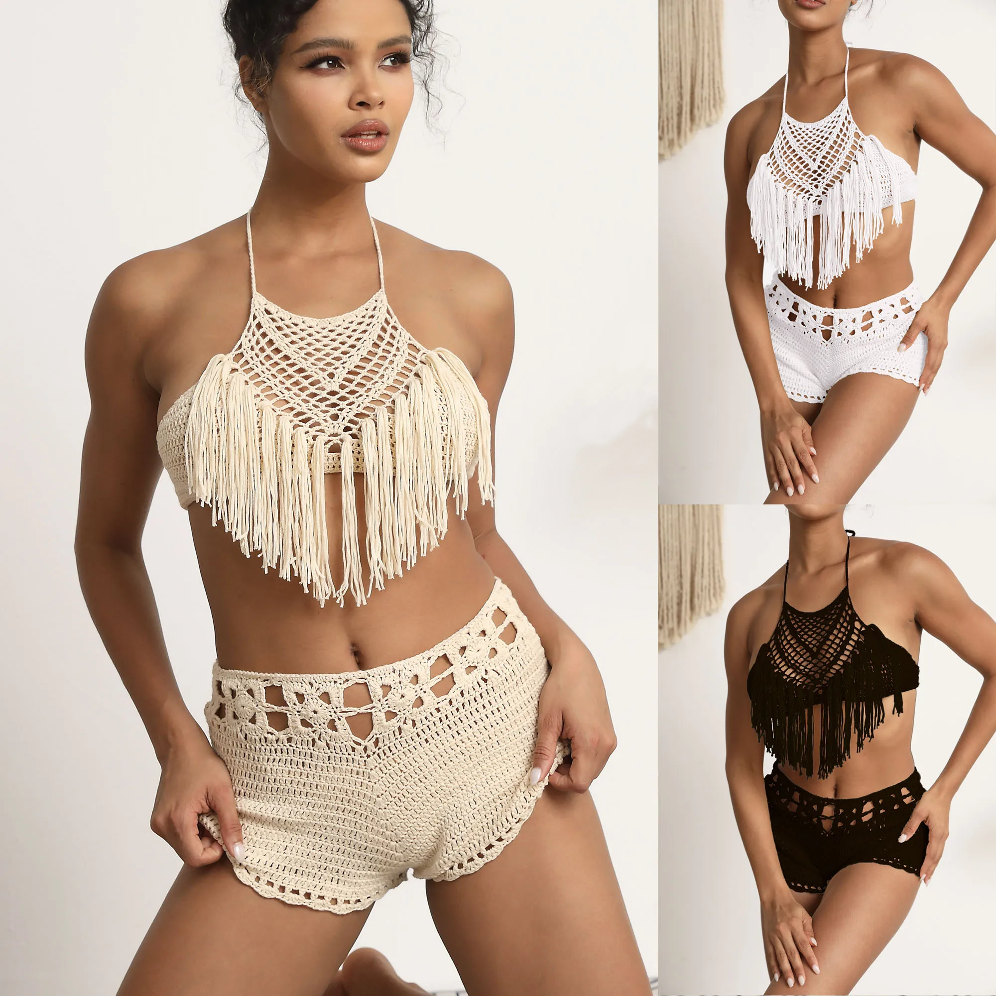 Hand Crochet Beach Bikini Set Women Short Swimwear Sexy Tassel