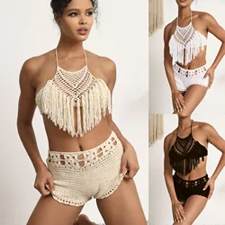 Hand Crochet Beach Bikini Set para Mulheres, Short Swimwear, Sexy Tassel