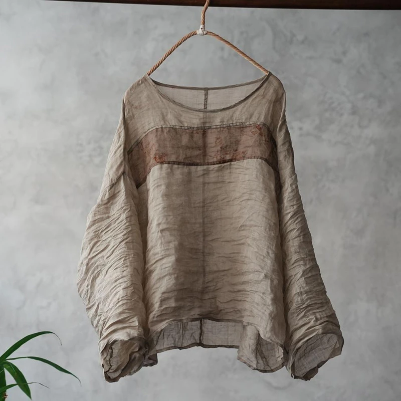 100% Ramie Women Long Sleeve Casual T-shirts New Arrival 2026 Summer Vintage Style Patchwork Color Loose Female Tops Tees M2905