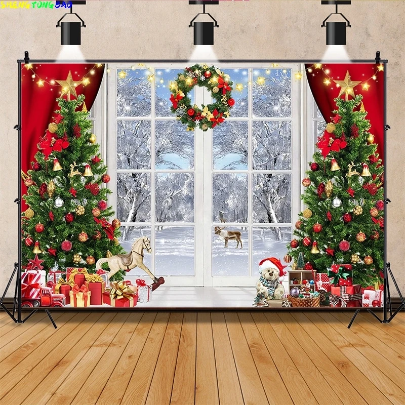 

Vinyl Custom Christmas Tree Window Wreath Photography Backdrop Wooden Doors Snowman Cinema Pine New Year Background Prop ZZ-24