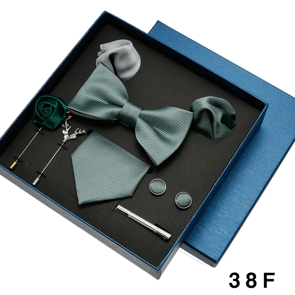 8-teiliges Luxus-Herren-Krawatten-Set in Geschenkbox, Krawatte mit festlicher Hochzeit, Fliege, Einstecktücher, Manschettenknöpfe, Clip-Broschen, Anzug – Detail 15