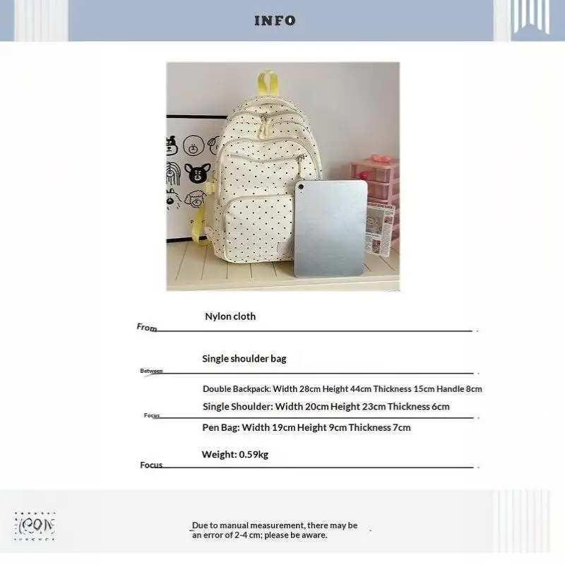 Nylon-Rucksack-Set mit Polka Dots, mehrere Fächer, Reißverschluss, Mädchen-Rucksack-Set, Aufbewahrung von Schreibwaren, Studentenrucksack, Mädchen-Geschenke – Detail 9