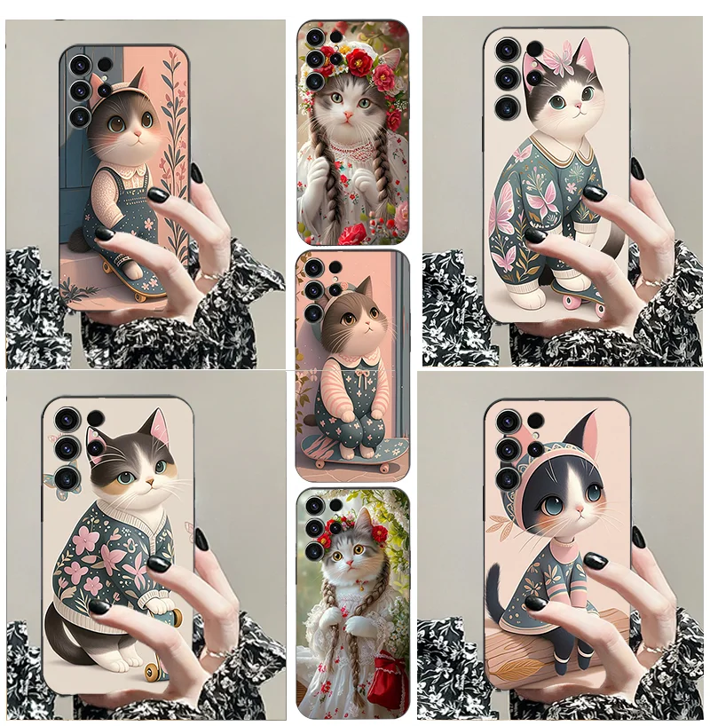 for Samsung S 9 8 10E A 82 32 13 53 14 42 S21ultra M 42 23 54 55 04 15 35 F 52 34 TPU black soft phone case Flower Cat series