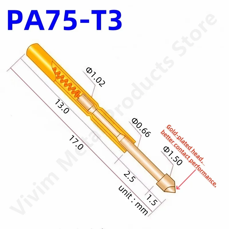 

100PCS Spring Test Probe PA75-T3 Test Pin PA75-T Pogo Pin P75-T3 PCB Probe P75-T Diameter 1.02mm Head Dia 1.5mm Test Tool 17mm