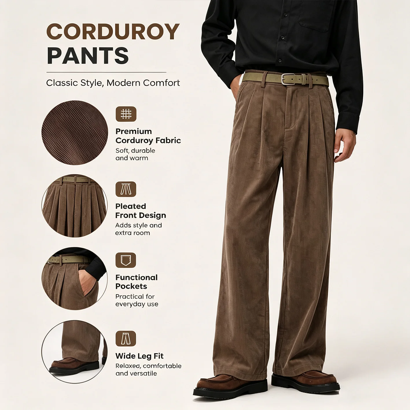 2026 Autumn Winter Men Corduroy Suit Pants Vintage Pleated Wide Leg Trousers Casual Formal Dress Pants For Men