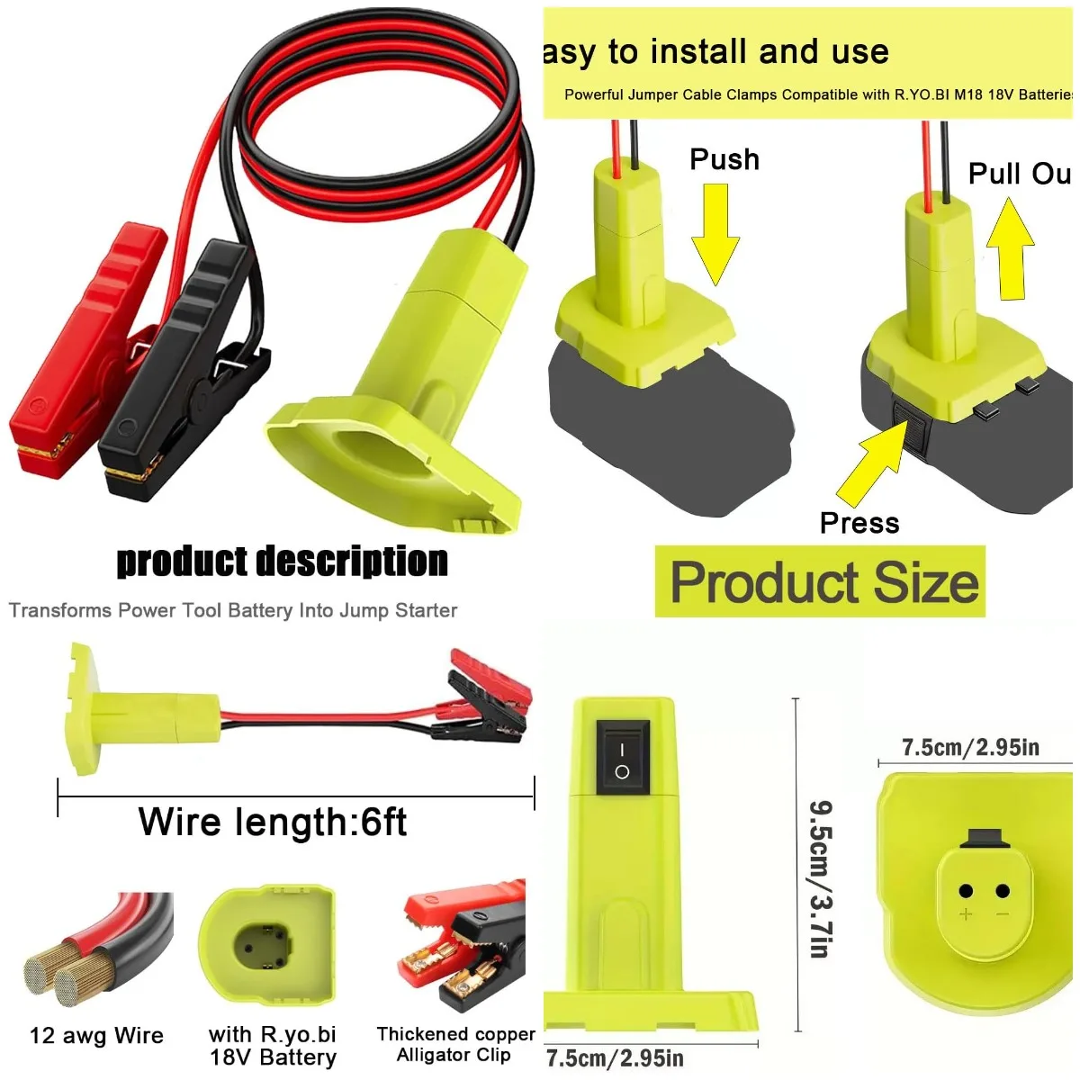 

6FT Jumper Cables Adapter for R.yobi 18V Battery, Portable Car Jump Starter for Light Vehicles