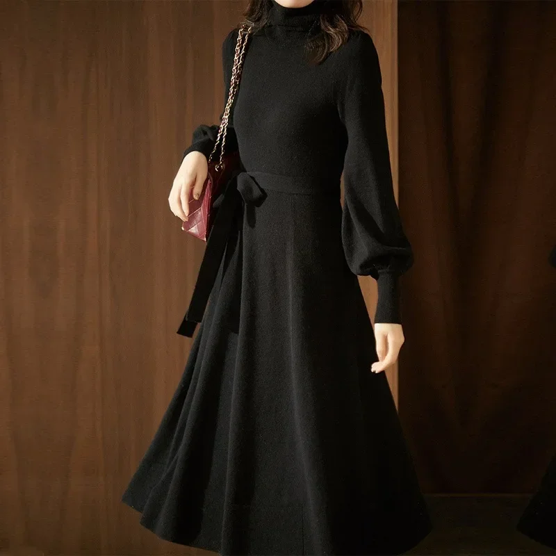 Korean Elegant Turtleneck Knitted Long Dress Lantern Sleeved Lace Up High Waist Straight Commuting Casual Winer Dresses Women