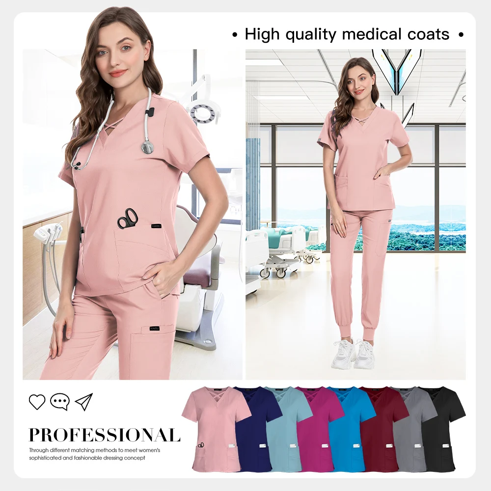 Niaahinn uniformes médicos com decote em v enfermeira scurbs conjunto feminino hospital médico workwear manga curta cirurgia dentária oral uniformes de trabalho