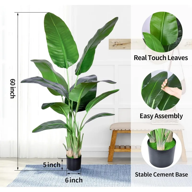 Artificial Bird of Paradise Plant,Faux Palm Tree Potted Plant with Real Touch Leaves,Fake Trees for Home Living Room Office