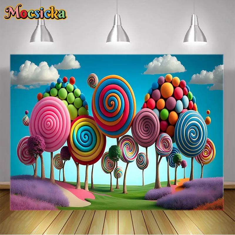 

Candy Backgrounds for Photography Lollipop Blue Sky White Clouds Candy Woods Newborn Shooting Backdrops Kids Portrait Photocall