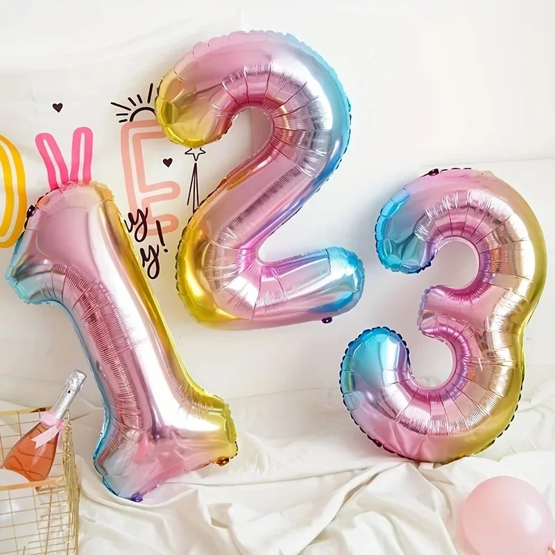 32 Zoll Regenbogen-Farbverlaufs-Zahlen-Folienballon 1-9 für Geburtstagsparty-Dekoration, Dusche, Brautparty, weitere Optionen verfügbar