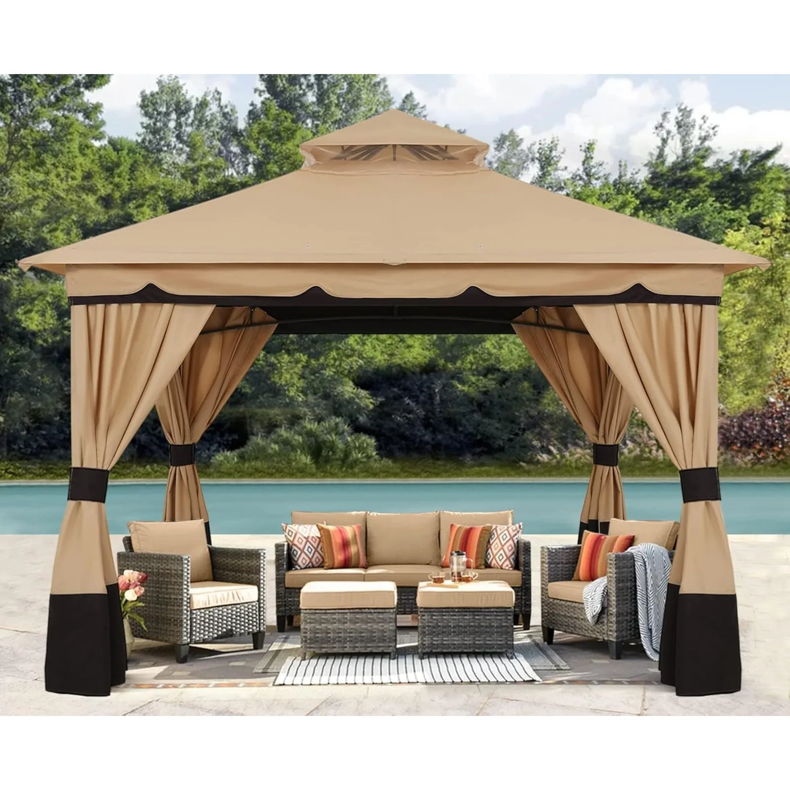 

US 8'x8' Outdoor Gazebo, Double Roof Patio Gazebo with Shade Curtains, Beige