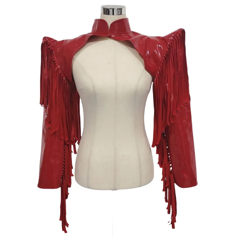 

Gothic Halloween Cosplay Costume Red Faux Leather Tassel Fly Shoulder Jacket Women Singer Concert Stage Show Drag Queen Costumes