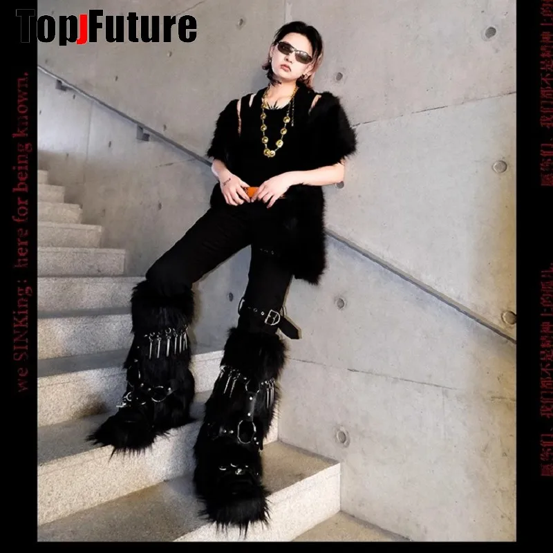 Kobiety UNISEX Harajuku Steampunk Furry Leg Warmer Y2K Girl Gothic Rivet Metal Buckle Faux Fur Boot Covers Streetwear Leg Warmers