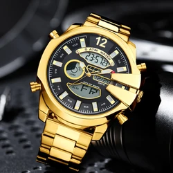 Dual Display Men Big Dial Wrist Watches Gold Top Brand Luxury Male Clock 2024 Gold Black Quartz Wrist Watch Chronograph Dropship