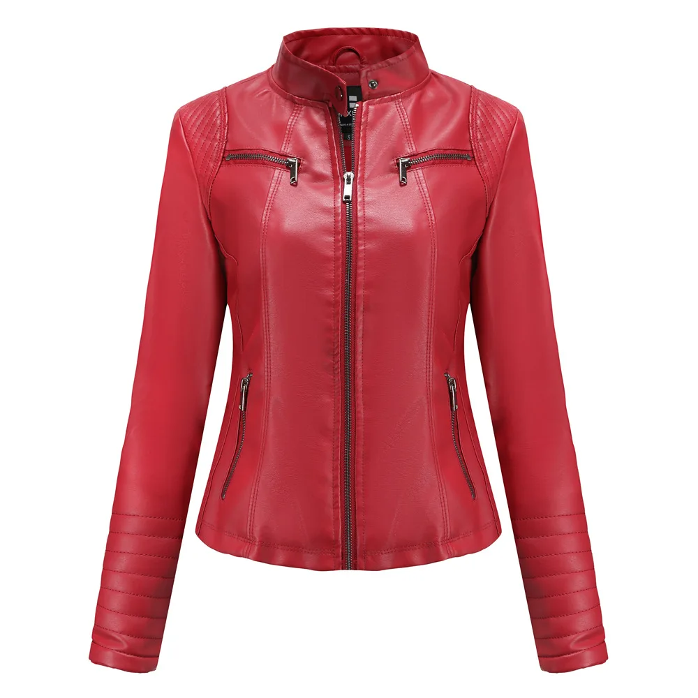 Women Moto Biker Zipper Jacket Autumn Spring Motorcycle Leather Jacket Ladies 2023 Black Red Coffee Apricot Chaqueta Cuero Mujer