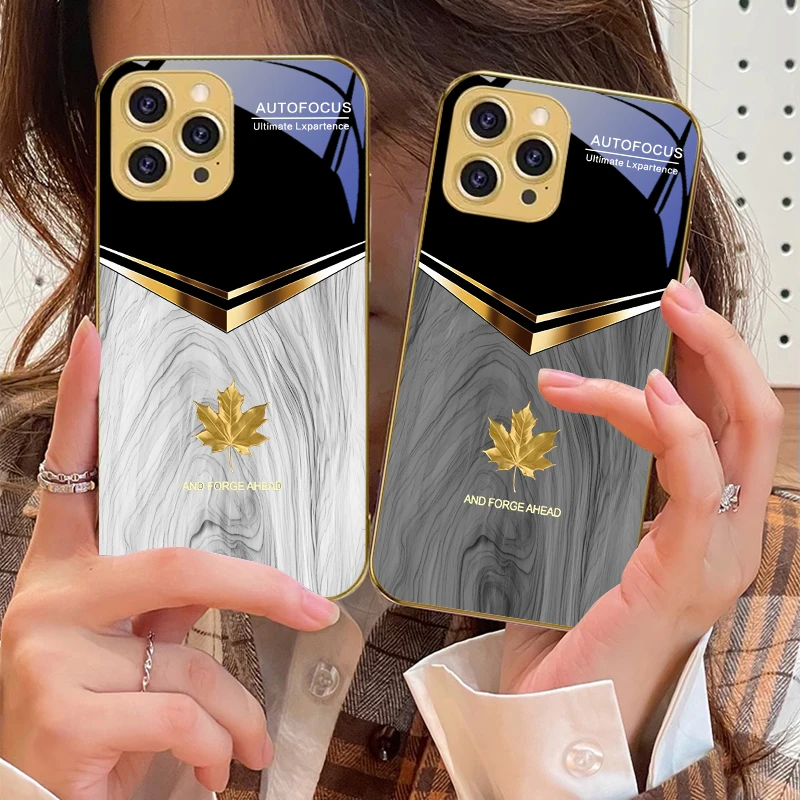 Feuille d'érable dorée mignonne pour IPhone 16 16Pro Max 15 P ro 14 13 Plus 12 Mini 11Pro Max XS Max XR coque de téléphone en verre trempé doré