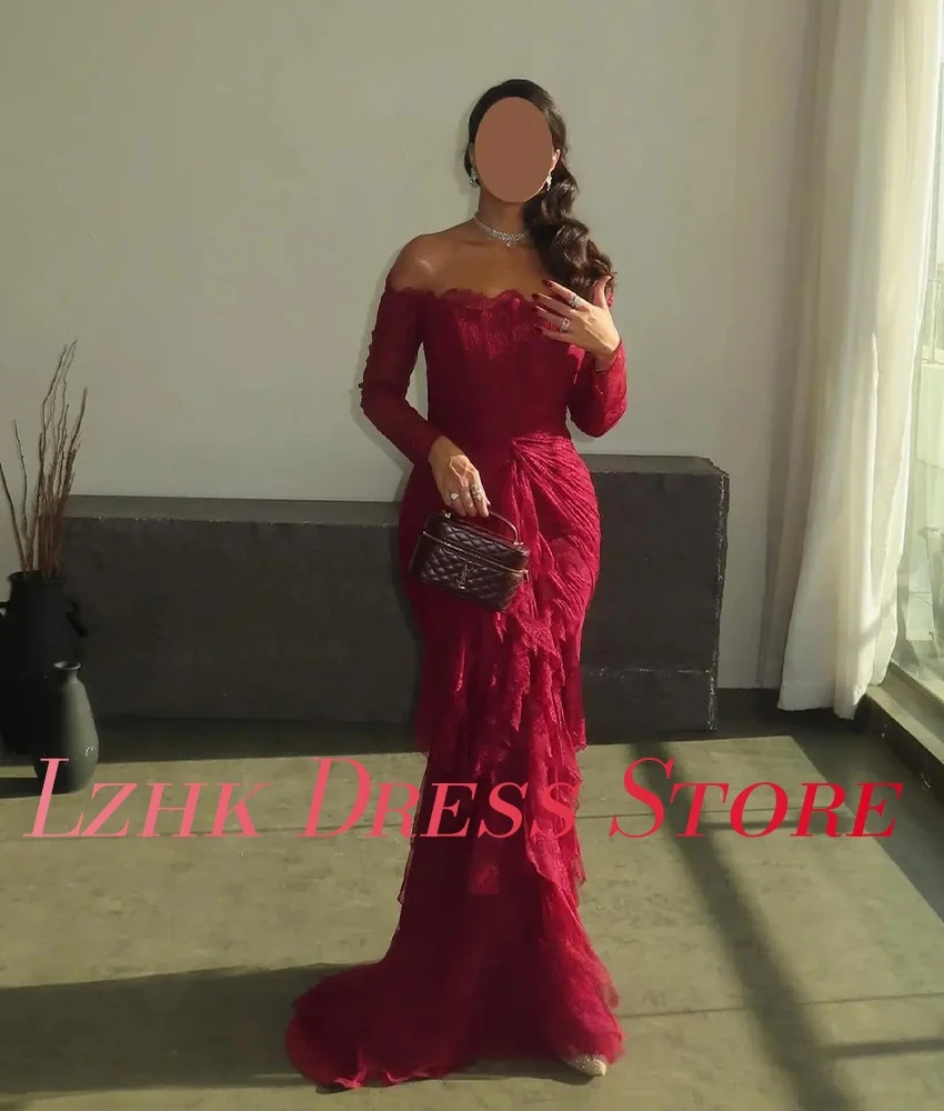 تخصيص رائعة الدانتيل المتدرج حورية البحر الكشكشة المتدرج قبالة الكتف مساء اللباس جودة عالية طويلة الأكمام فساتين حفلة موسيقية