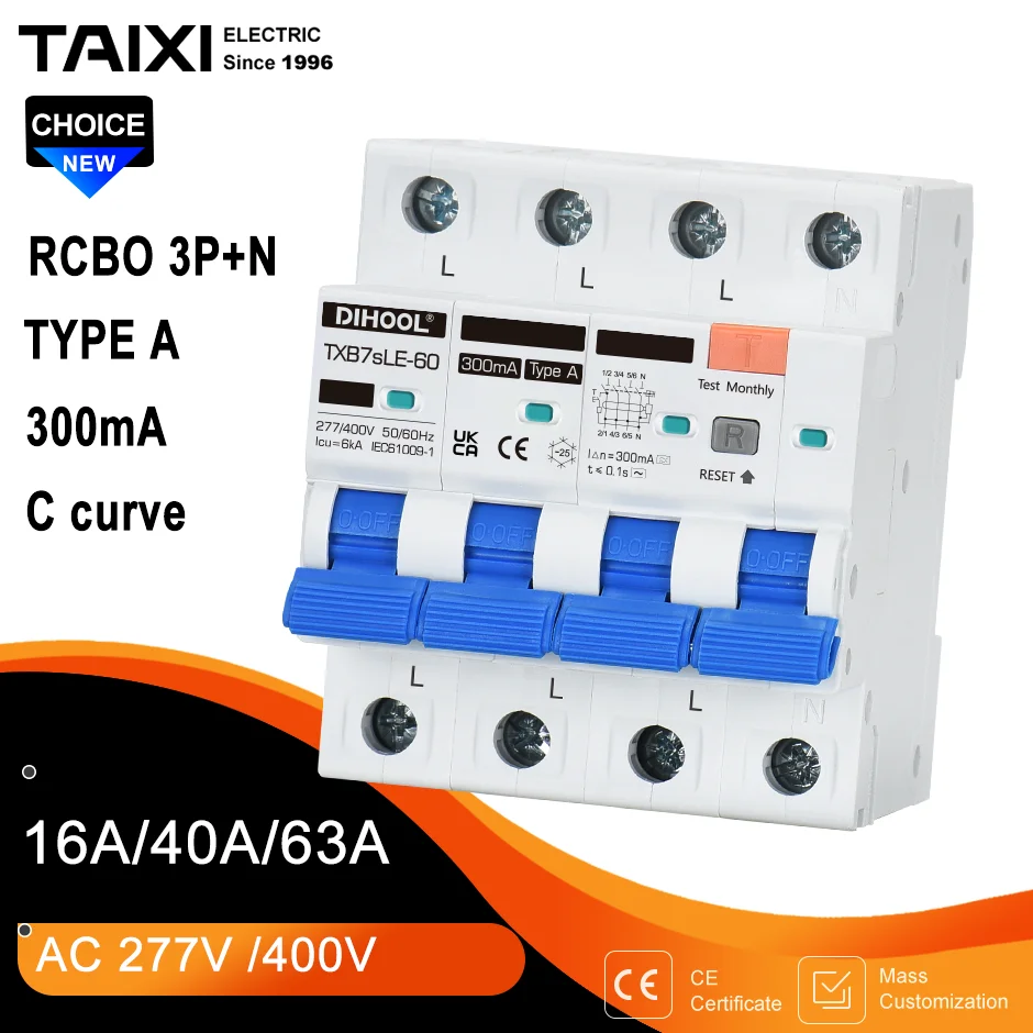 DIHOOL Type A RCD RCBO Residual Current Circuit Breaker 300ma 4P 3P-N 16A 40A 63A Three-Phase Four-Wire Systems