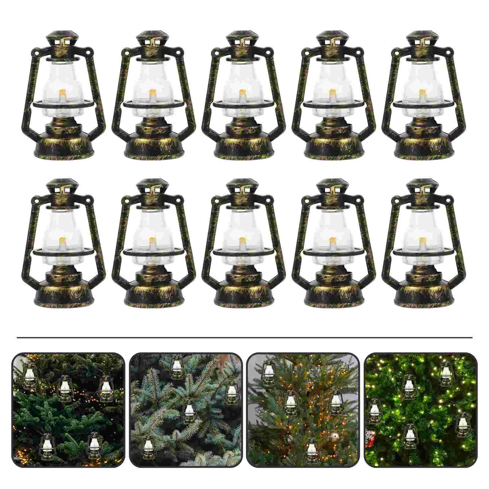 

10 Pcs Mini Kerosene Lamp Retro Xmas Decor Shaped Christmas Ornaments Miniature Trees Lantern Light Gazebo Small