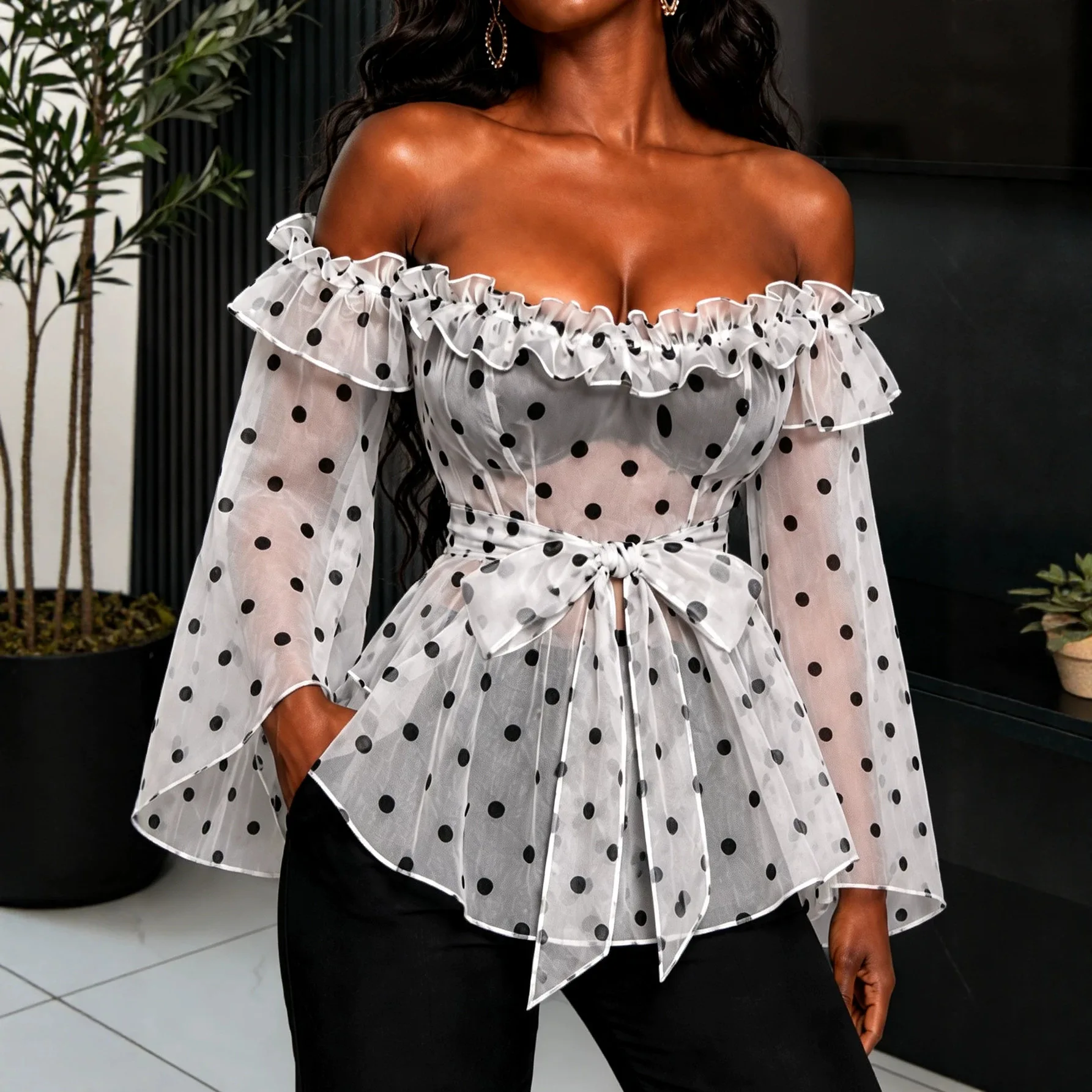 Off-the-shoulder Fashion Top, Erotogenic Waist-cinching Tie-up Polka Dotmesh Transparent Blouse Summer Dresses 2026 Boho Y2k、
