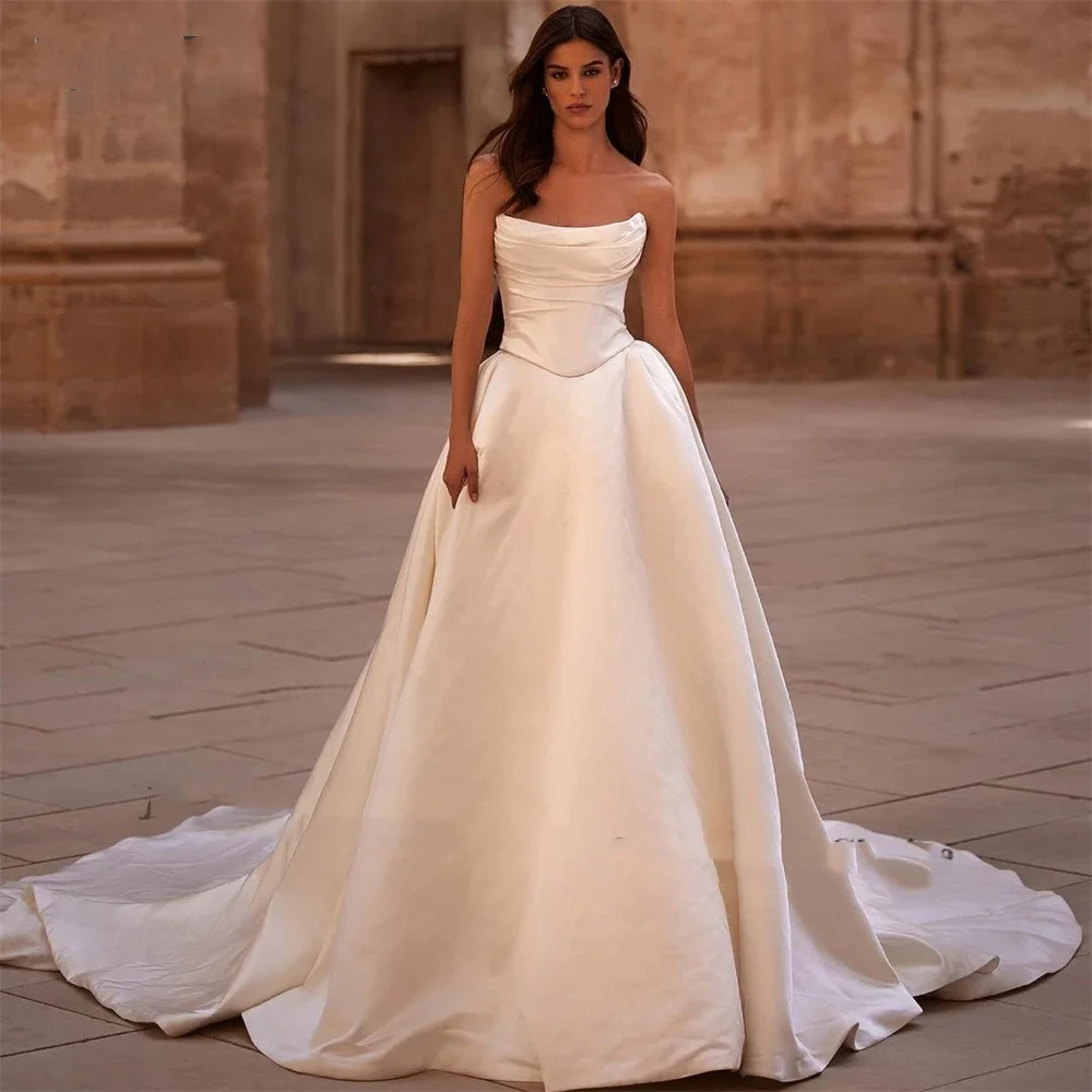 فساتين زفاف من الساتان الصلب بدون أكتاف مطوي على شكل حرف a بدون أكمام زي العرائس الصلبة بدون ظهر Pr بسيط ساحر رداء De Mariee #1