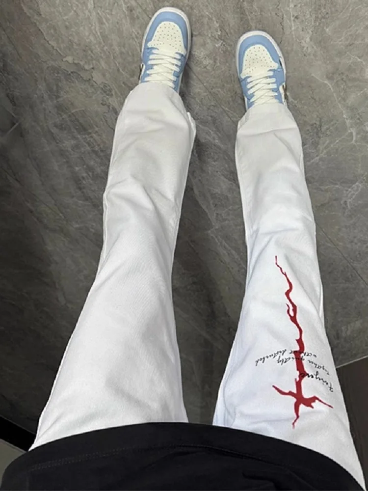 

American High Street Vibe Men's Flared Jeans Summer Trend Lightning Print Straight Leg Slimming Long Trousers Casual Wear