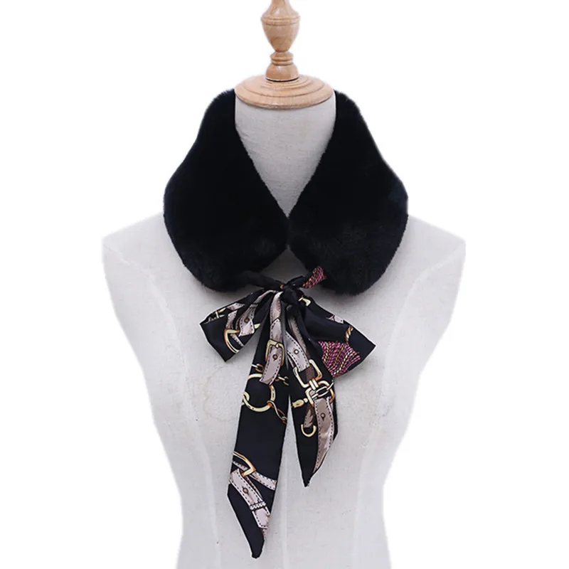 Syal bulu imitasi kelinci gaya Korea baru untuk musim dingin, syal pita, kerah bulu, warna solid, serbaguna, trendi