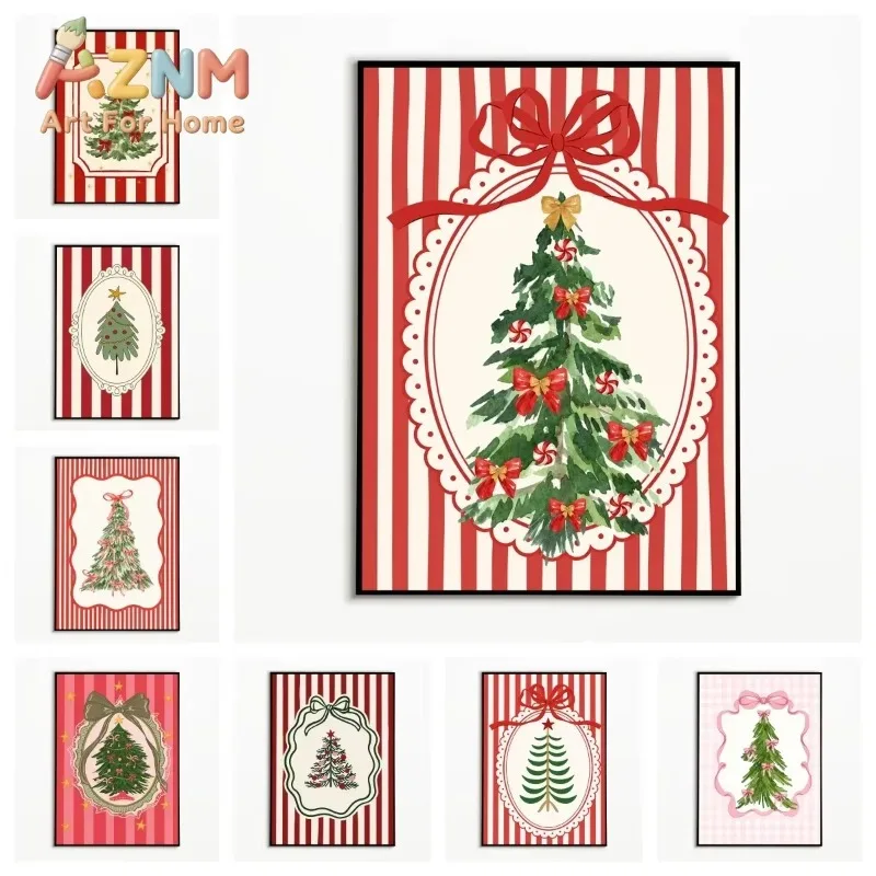 1PC Red Bows Christmas Tree Poster Cute Hand‑drawn Style Wall Art Winter Christmas Canvas Printing Festival Gift Room Wall Decor