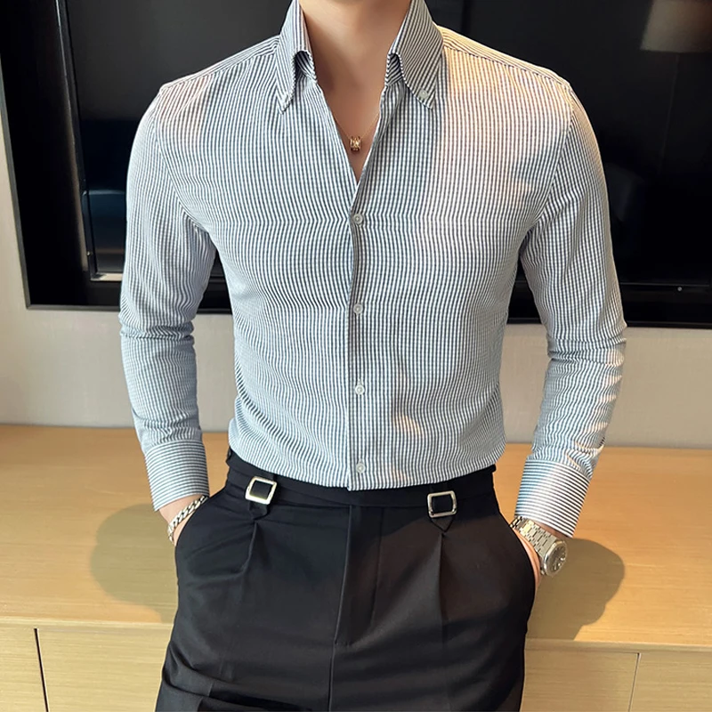 

2023 British Style Slim Fit Casual Shirt Men's Long Sleeve Handsome Shirt Trendy Stand Collar Shirt for Travel, Party and Daily