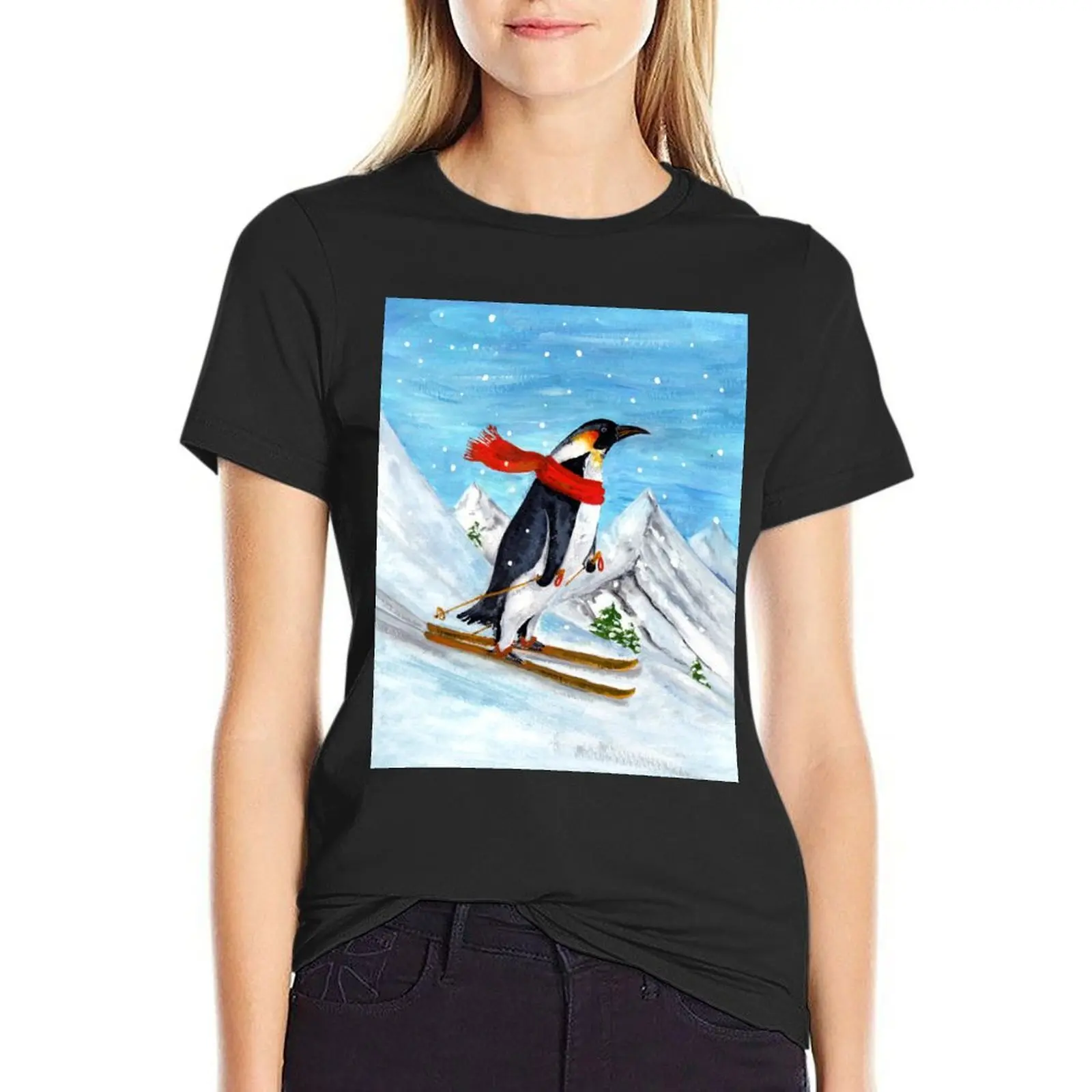 Vintage Style Penguin Downhill Skiing T-Shirt shirts graphic tees lady clothes Womens clothing