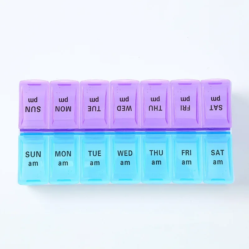 Pillendose 7-Tage-Wochen-Medikamenten-Aufbewahrungsbox Doppelreihig 14-Fächer-Tablettenspender Organizer mit Öffnungsdeckel Erste-Hilfe-Set-Behälter – Detail 14