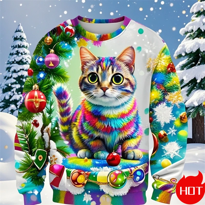 Fashion 2024 Ugly Christmas Sweater Fun Xmas Anime Cat Graphic Sweatshirt Pullovers Boys Kids Crewneck Polyester Tracksuit Tops