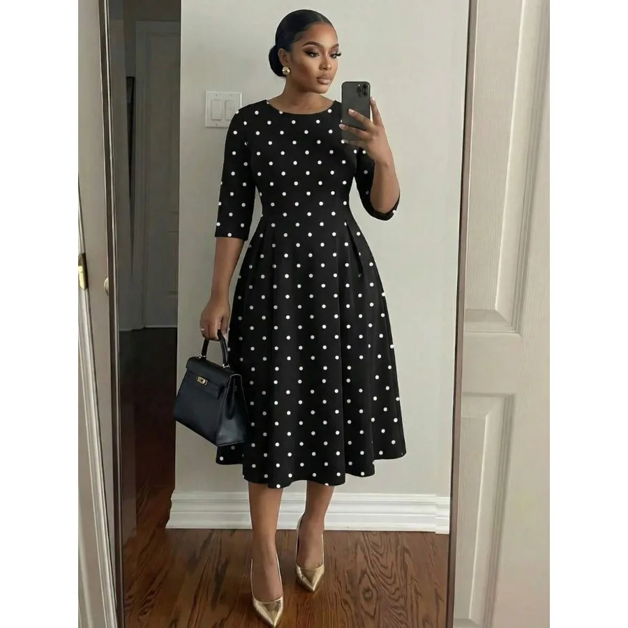 

【New style】 Lady Plus Size Elegant Party Polka Dot Print Dress Black Polka Dot Dress Black And White Polka Dot Dress Church Dre