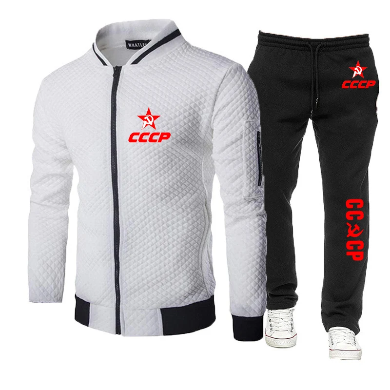 2025 Spring Autumn Mens CCP Russian Soviet USSR Logo Print Fashion Round Neck Jacket Coat+Casual Sweatpants Slim Fit Sports Sets