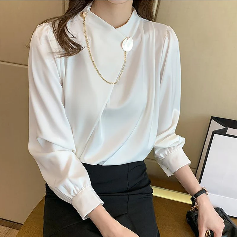 Einfarbig Elegante Langarm Arbeit Tragen Hemd Frauen Mode Unregelmäßige Ästhetische Oansatz Shirts Neue Temperament Ol Formale Hemd