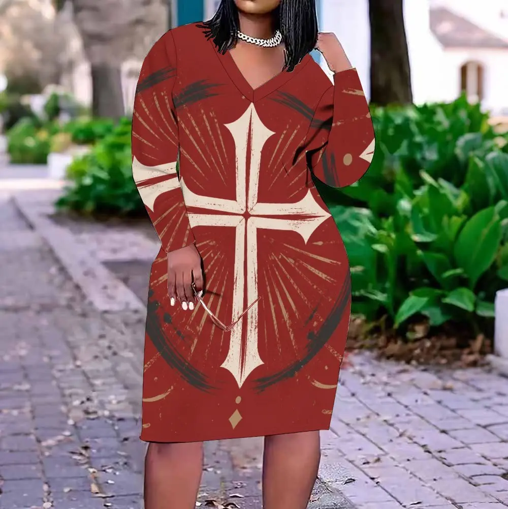 Women V Neck Long Sleeve Abstract Cross Brush Print Beige Grey Gold Knee Length Bodycon Dress