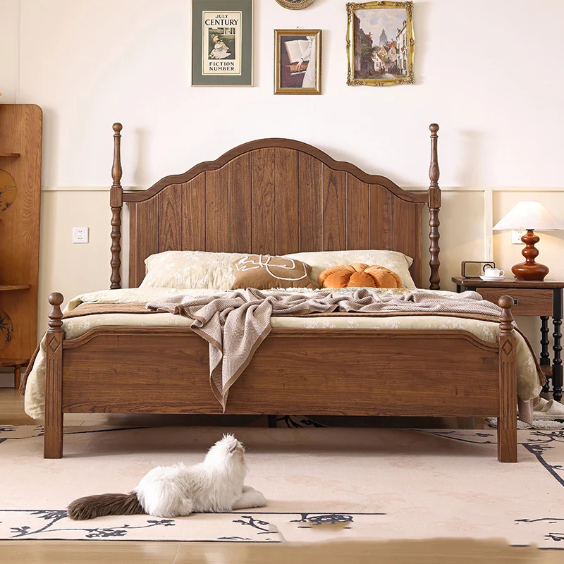 Retro Wood Carved Bed Frames Adults American Solid Platform King Size Bed Frames Lit Luxe Couples Cama Queen Bedroom Furniture