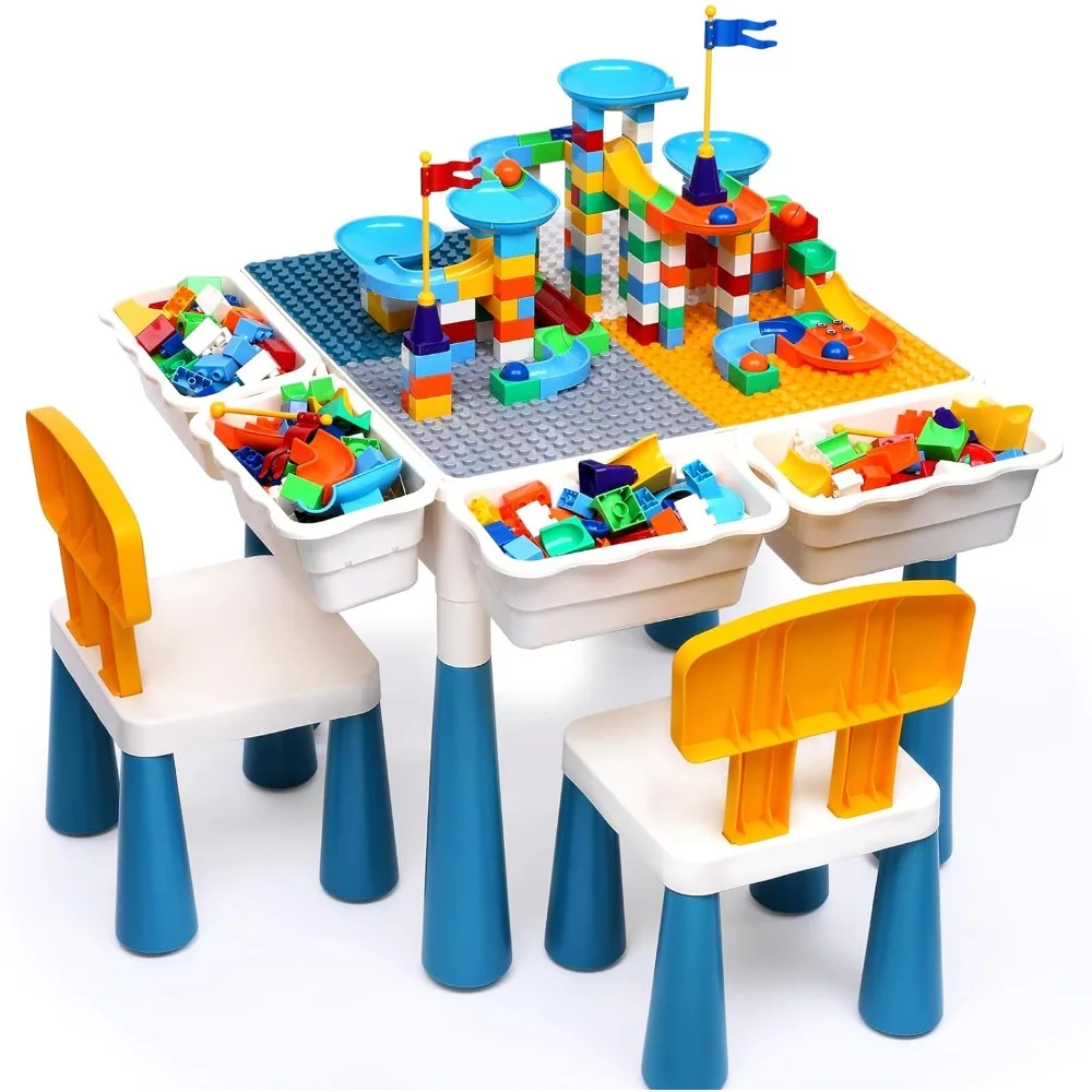 arscniek 7 in 1 Kids Activity Table and Chair Set with 152Pcs Large Marble Run Building Blocks, Sand/Water Table, Toddler