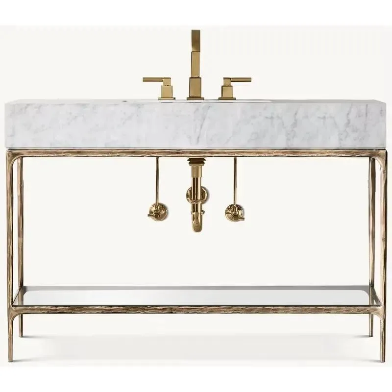 Deluxe Double Washstand with Gold Handle Floor Rack Bathroom Sink and Cabinet Combination