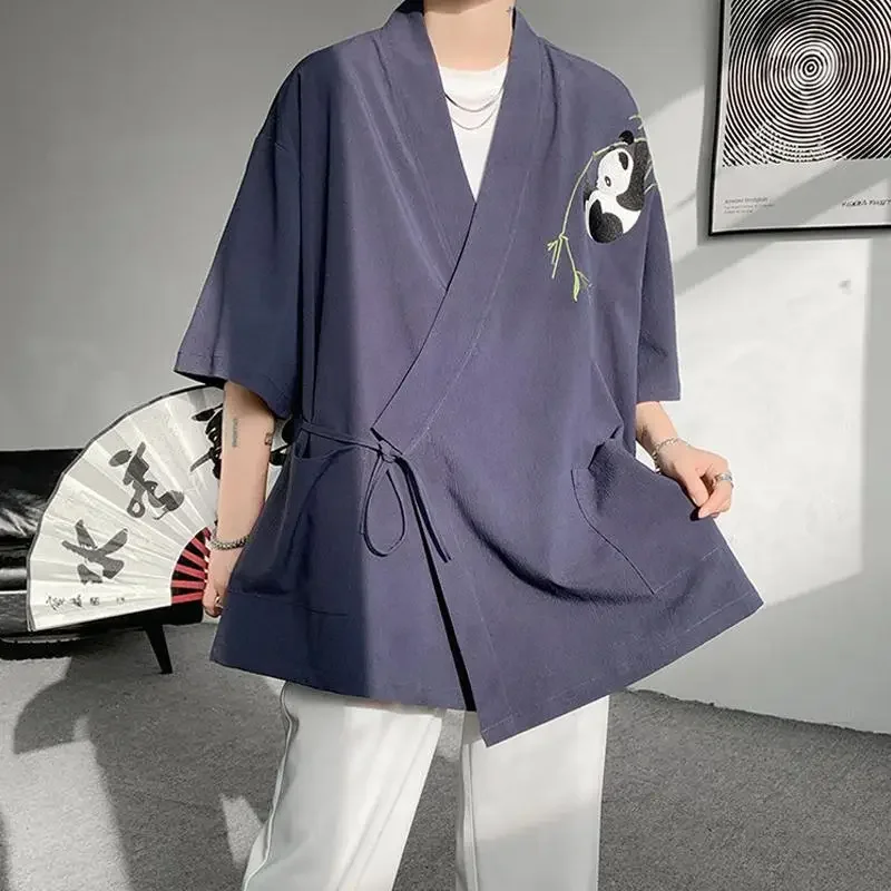 3 Color Chinese Style Linen Cross Collar Tang Suit Top Men Summer Japanese Kimono Zen Suit Top Online Chinese Store Plus Size